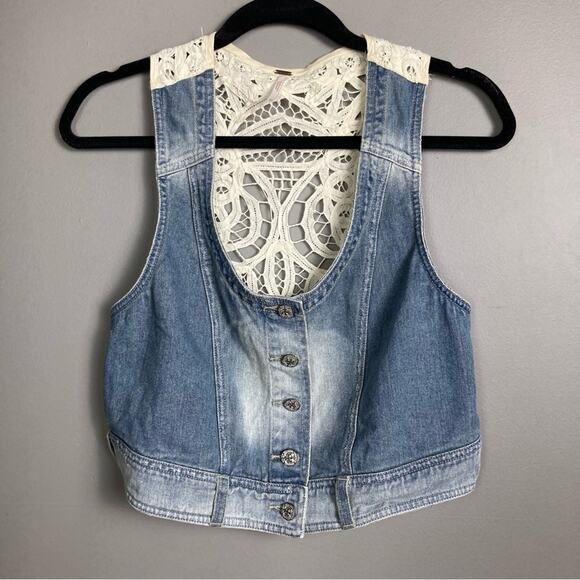 VTG Free People denim vest XS cottagecore lace festival boho Stevie Eras Tour
